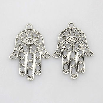 Tibetan Style Alloy Pendants, Cadmium Free & Nickel Free & Lead Free, Hamsa Hand/Hand of Fatima/Hand of Miriam, Antique Silver, 33x23x1mm, Hole: 2mm