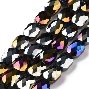 Faceted Electroplated Opaque Glass Beads Strands, AB Color Plated, Oval, Black, 10.5x8x5mm, Hole: 1.5mm, about 58~60pcs/strand, 25.59 inch(65cm)