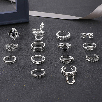 14Pcs 14 Style Rhombus & Eye & Snake & Elephant & Feather & Yoga Theme Rhinestone Finger Rings Set, Alloy Jewelry for Women, Antique Silver, Inner Diameter: 15~18mm, 1Pc/style