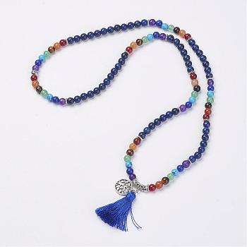 Natural Gemstone Beads Necklaces, with Polyester Tassel and Alloy Findings, 29.1 inch(74cm)