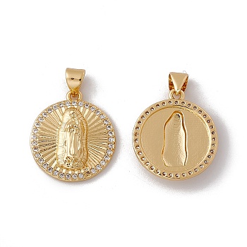 Brass Micro Pave Clear Cubic Zirconia Pendants, Cadmium Free & Nickel Free & Lead Free, Rack Plating, Flat Round with Virgin Pattern, Real 18K Gold Plated, 20x17.5x4mm, Hole: 3x4mm