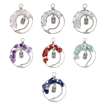 7Pcs 7 Styles Owl Alloy Chip Beads Copper Wire Wrapped Pendant Sets, Tree of Life Charm, Including Gems and Glass Beads, Antique Silver & Platinum, 47~49x39~40x6.5~9mm, Hole: 2.5~4mm, 1pc/style