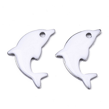 201 Stainless Steel Enamel Pendants, Dolphin, Stainless Steel Color, White, 17x11.5x1.5mm, Hole: 1.2mm