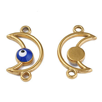 304 Stainless Steel Enamel Connector Charms, Golden, Moon with Evil Eye, Dark Blue, 20.5x12x3mm, Hole: 1.8mm