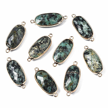 Natural African Turquoise(Jasper) Link Connectors, with Golden Plated Brass Edge and Loop, Faceted, Oval, 27~28x11.5x5mm, Hole: 1.5mm
