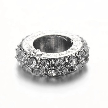 Antique Silver Plated Alloy Rhinestone Spacer Beads, Flat Round, Crystal, 11x3mm, Hole: 5.5mm