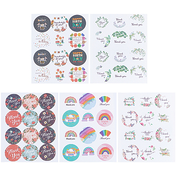 50 Sheets 5 Styles Thank You/Birthday Theme Round Paper Stickers, Self-Adhesive Decals, for Envelope, Mixed Color, 116x91x0.2mm, Stickers: 25mm, 12pcs/sheet, 10 sheets/style