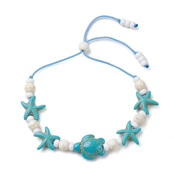 Turtle & Starfish Dyed Synthetic Turquoise Slider Bracelets, Summer Beach Adjustable Nylon Cord Bracelets for Women Men, Turquoise, Inner Diameter: 1-1/2~3 inch(3.8~7.7cm)