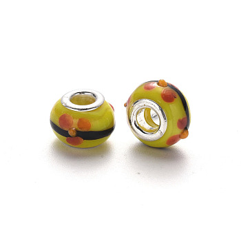 Handmade Lampwork European Beads, Bumpy, Large Hole Rondelle Beads, with Platinum Tone Brass Double Cores, Rondelle with Flower, Yellow, 14x9~10mm, Hole: 5mm