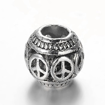 Tibetan Style Alloy European Beads, Large Hole Rondelle with Peace Sign Beads, Antique Silver, 11x10mm, Hole: 5mm