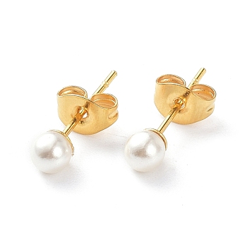 Plastic Imitation Pearl Stud Earrings, with 304 Stainless Steel Pins and Ear Nuts, Round Ball, Golden, 4mm, Pin: 0.6mm, 6pairs/card