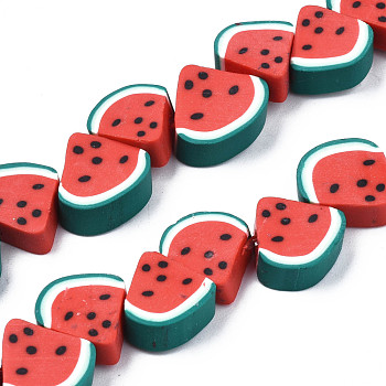 Handmade Polymer Clay Bead Strands, Watermelon Slice, Red, 9~11.5x8.5~12x4~4.5mm, Hole: 1.5mm, about 38~40pcs/strand, 11.42 inch~13.78 inch(36~39cm)