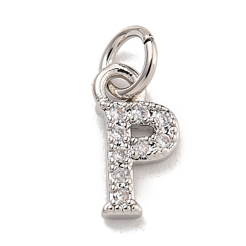 Initial Letter Brass with Cubic Zirconia Charms, Platinum, Long-Lasting Plated, Lead Free & Cadmium Free, Letter P, 10x5.5x1.5mm, ring: 5x1mm, inner diameter: 3mm