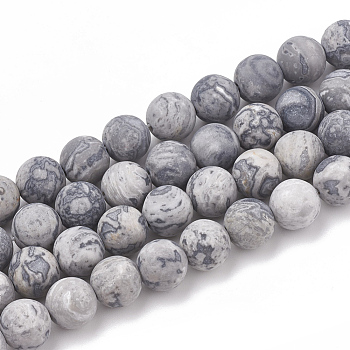 Natural Map Stone/Picasso Stone/Picasso Jasper Beads Strands, Frosted, Round, 12mm, Hole: 1.5mm, about 31~33pcs/strand, 14.9~15.1 inch(38~38.5cm)