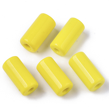 Opaque Glass Bugle Beads, Column, Round Hole, Yellow, 23~24x11~12mm, Hole: 4mm, about 85pcs/bag