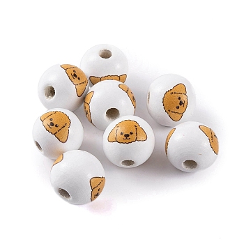 Wood European Beads, Round with Dog Pattern, White, 16x15mm, Hole: 4.5mm