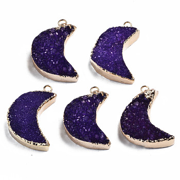 Natural Druzy Agate Pendants, Dyed, with Golden Plated Brass Edge and Loop, Moon, Dark Violet, 28~31.5x21~22.5x7.5~10.5mm, Hole: 2mm