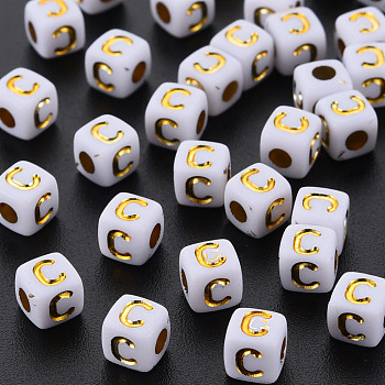 Opaque White Acrylic Beads, Metal Enlaced, Cube with Letters, Letter.C, 4.5mm, Hole: 2mm, about 5000pcs/500g