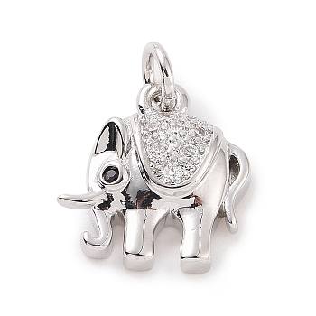 Brass Micro Pave Cubic Zirconia Charms, with Jump Ring, Elephant Charm, Platinum, 13x12x3.5mm, Hole: 2.8mm
