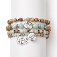 Natural Flower Amazonite & Picture Jasper Beaded Stretch Bracelets Sets with Non-Magnetic Synthetic Hematite, Alloy Lotus Charms Bracelets for Women, Inner Diameter: 2-1/8~2-1/4 inch(5.4~5.7cm), 4pcs/set(BJEW-JB09281)