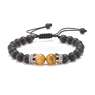 Natural Frosted Black Agate(Dyed) & Tiger Eye Braided Bead Bracelet with Alloy Crown, Gemstone Jewelry for Women, Gold, Inner Diameter: 2-1/4~3-3/4 inch(5.6cm)(BJEW-JB08249-01)