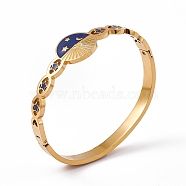 Blue Enamel Sun & Moon & Star Hinged Bangle, Ion Plating(IP) 304 Stainless Steel Jewelry for Women, Golden, Inner Diameter: 2-3/8 inch(6cm)x1-7/8 inch(4.9cm)(BJEW-L678-10G)