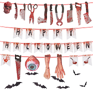 7 Bags 7 Style Halloween Decoration Paper Bleeding Saw Machete Knife Skull Eye Hand Bat Flag Banners, with Silk Ribbon, Mixed Color, Flag: 174~202x32~95x0.4~0.5mm, Hole: 3.5~4mm, 1bag/style(AJEW-GA0006-13)