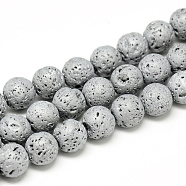 Electroplate Natural Lava Rock Beads Strands, Matte Style, Round, Platinum Plated, 8x8.5mm, Hole: 1mm, about 48pcs/strand, 15.3 inch(G-T058-03I)