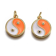 Brass Micro Pave Clear Cubic Zirconia Pendants, with Enamel & Jump Rings, Flat Round with Yin Yang, Real 18K Gold Plated, Orange, 15x12.5x2mm, Jump Ring: 5x1mm, 3mm Inner Diameter(KK-C100-16G-04)