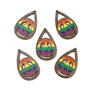 Rainbow/Pride Flag Theme Single Face Printed Aspen Wood Big Pendants, Teardrop Charm, Peace Sign, 54.5x34x2.5mm, Hole: 1.8mm(WOOD-G014-02E)