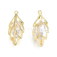Brass Pave Clear Cubic Zirconia Pendants, Nickel Free, Leaf, Real 18K Gold Plated, 18x8x4mm, Hole: 0.7mm(KK-N231-345)