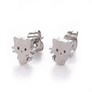304 Stainless Steel Kitten Stud Earrings, Hypoallergenic Earrings, with Ear Nuts/Earring Back, Cat Silhouette, Stainless Steel Color, 8x7mm, Pin: 0.8mm, 12pairs/card(EJEW-F227-08P)