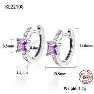 Platinum Rhodium Plated 925 Sterling Silver Hoop Earrings, Square Cubic Zirconia Earrings, with S925 Stamp, Lilac, 11.8x13.5mm(ZC1005-4)