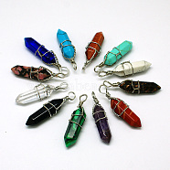 Natural Gemstone Double Terminated Pointed Pendants, with Brass Pendant Settings, Faceted, Bullet, Platinum Metal Color, 35~45x10~13mm, Hole: 3mm(G-J062-P)