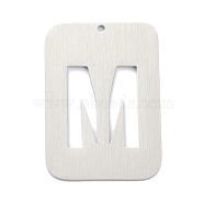304 Stainless Steel Pendants, Rectangle with Alphabet, Hollow, Letter.M, 32x22x1mm, Hole: 1.5mm(STAS-K216-49M-P)