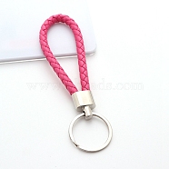 Handwoven Imitation Leather Keychain, with Metal Car Key Ring Chain Accessories Gift for Men and Women, Hot Pink, 122x30mm(PW-WG34868-07)