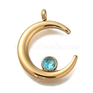 Ion Plating(IP) 304 Stainless Steel Aquamarine Rhinestone Pendants, Moon, Real 18K Gold Plated, 17.5x14.5x1.5mm, Hole: 1.8mm(STAS-P371-054G)