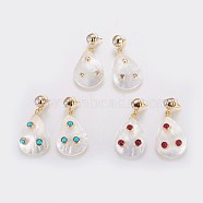 Brass Dangle Stud Earrings, with Shell, Natural Mixed Stone, teardrop, Mixed Color, 51~52mm, Pin: 0.7mm(EJEW-E237-20P)
