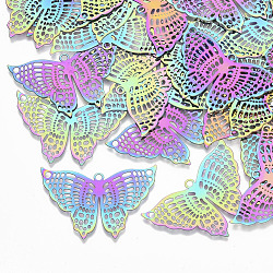 Ion Plating(IP) 201 Stainless Steel Filigree Pendants, Etched Metal Embellishments, Butterfly, Rainbow Color, 26x38x0.3mm, Hole: 2mm(X-STAS-S108-111)
