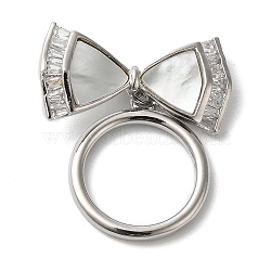 Brass Micro Pave Clear Cubic Zirconia Toggle Clasps, with Shell, Bowknot, Platinum, 24mm, Bowknot: 21x11x3mm, Hole: 1.2mm; Ring: 17x15x2mm, Hole: 1mm(KK-N254-83P)