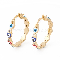 Colorful Heart with Evil Eye Enamel Hoop Earrings with Clear Cubic Zirconia, Brass Jewelry for Women, Lead Free & Cadmium Free, Real 18K Gold Plated, 24x25.5x4mm, Pin: 0.6mm(KK-E005-18G)