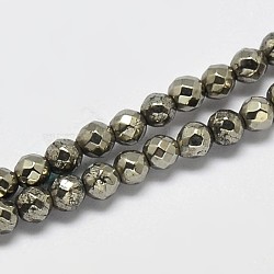 Natural Pyrite Round Beads Strands, Faceted, Grade A, 2mm, Hole: 0.45mm; about 200pcs/strand, 16 inches(G-F197-09-2mm)