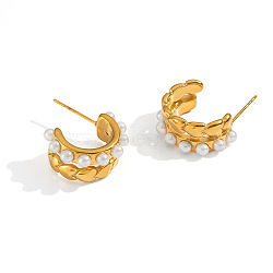 304 Stainless Steel Heart Stud Earrings, with Imitation Pearl, Real 18K Gold Plated, 16.4mm(PX1946-4)