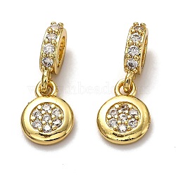 Brass Micro Pave Clear Cubic Zirconia European Dangle Charms, Large Hole Pendants, Long-Lasting Plated, Flat Round, Real 18K Gold Plated, 18mm, Flat Round: 10x7.5x2mm, Hole: 5x3mm(ZIRC-H119-03G)
