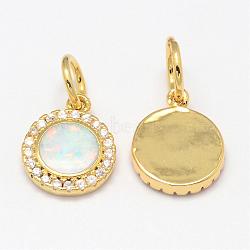 Brass Micro Pave Cubic Zirconia Charms, with Synthetic Opal, Flat Round, Golden, 12x9.5x2mm, Hole: 4mm(ZIRC-G068-01G)