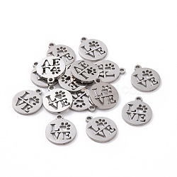 201 Stainless Steel Charms, Flat Round with Word Love, Stainless Steel Color, 14x12x1mm, Hole: 1.5mm(STAS-S105-T057)