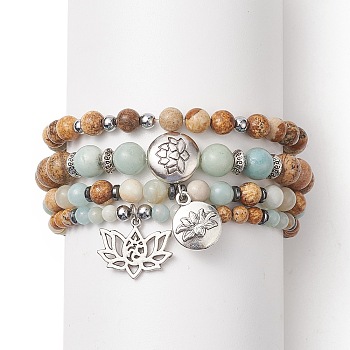 Natural Flower Amazonite & Picture Jasper Beaded Stretch Bracelets Sets with Non-Magnetic Synthetic Hematite, Alloy Lotus Charms Bracelets for Women, Inner Diameter: 2-1/8~2-1/4 inch(5.4~5.7cm), 4pcs/set