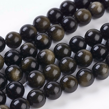 Natural Golden Sheen Obsidian Beads Strands, Round, 10mm, Hole: 1mm, 19pcs/strand, 8 inch