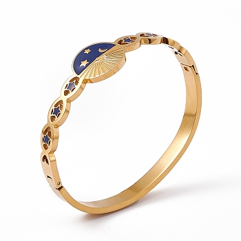 Blue Enamel Sun & Moon & Star Hinged Bangle, Ion Plating(IP) 304 Stainless Steel Jewelry for Women, Golden, Inner Diameter: 2-3/8 inch(6cm)x1-7/8 inch(4.9cm)