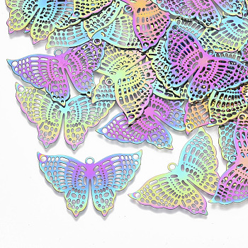 Ion Plating(IP) 201 Stainless Steel Filigree Pendants, Etched Metal Embellishments, Butterfly, Rainbow Color, 26x38x0.3mm, Hole: 2mm